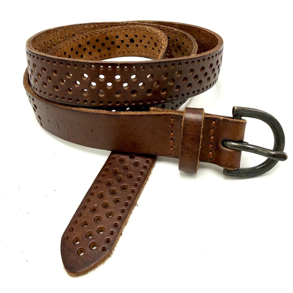 Perforated Brown Leather Skinny Belt Womens XL 37-41 Boho Hippie Western Cottage